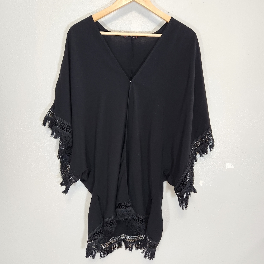 Stella & Dot Beach Swimsuit Cover Up Dress Womens XS/S Black Boho Fringe Kaftan